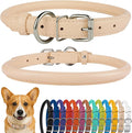 CollarDirect Rolled Leather Dog Collar, Soft Padded Round Puppy Collar, Handmade Genuine Leather Collar Dog Small Large Cat Collars 13 Colors (13-16 Inch, Beige Textured)
