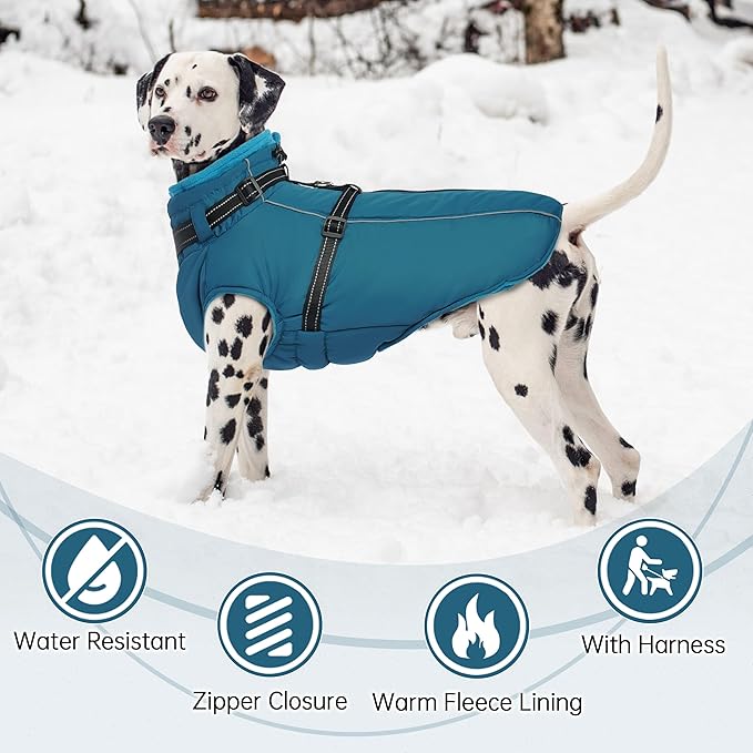 PUMYPOREITY Winter Fleece Coat for Small Dogs, Reflective Dog Jacket with Harness Built in, Waterproof Warm Coat for Dogs, Cold Weather Coats for Outdoor, Therma Windproof Pet Snowsuit, Blue,XS