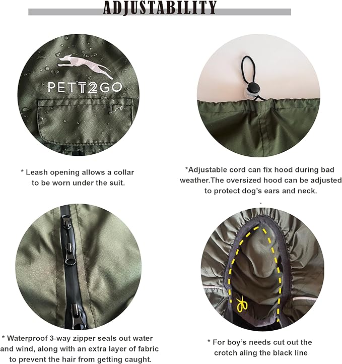 Dog Lightweight Windbreaker, Dog Outdoor 4-Legs Jacket, 0.5 lbs,Durable Water Repellent, Hooded, Easy on/Off with Collar and Harness, Reflective, Packable,Dark Olive (X-Small)