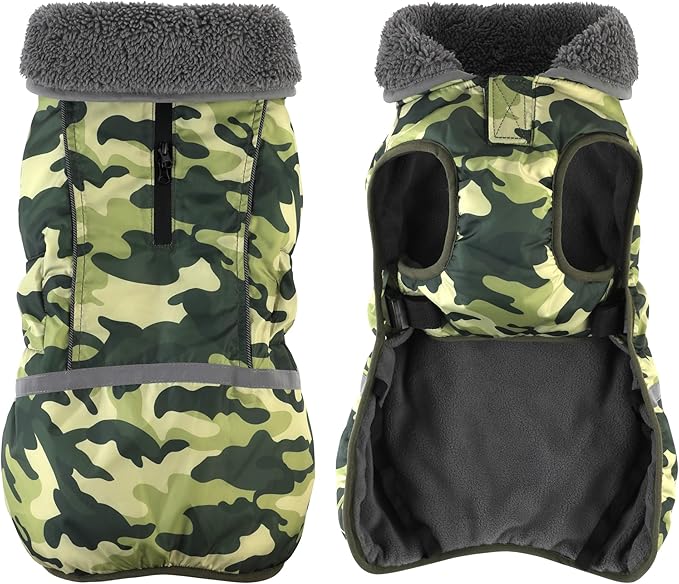 Dogcheer Warm Dog Coat, Waterproof Dog Jacket Reflective Adjustable Puppy Winter Coat with Buckle, Christmas Pet Snow Jacket Turtleneck Fleece Sweater for Small Medium Large Dogs- Camo Green, S