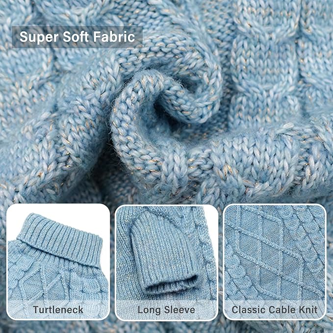 KYEESE Dog Sweater Warm Dogs Clothes with Classic Cable Knit Long Sleeve Knitwear Pet Coats, Soft Turtleneck Dog Sweater for Small Dogs, Blue, Small
