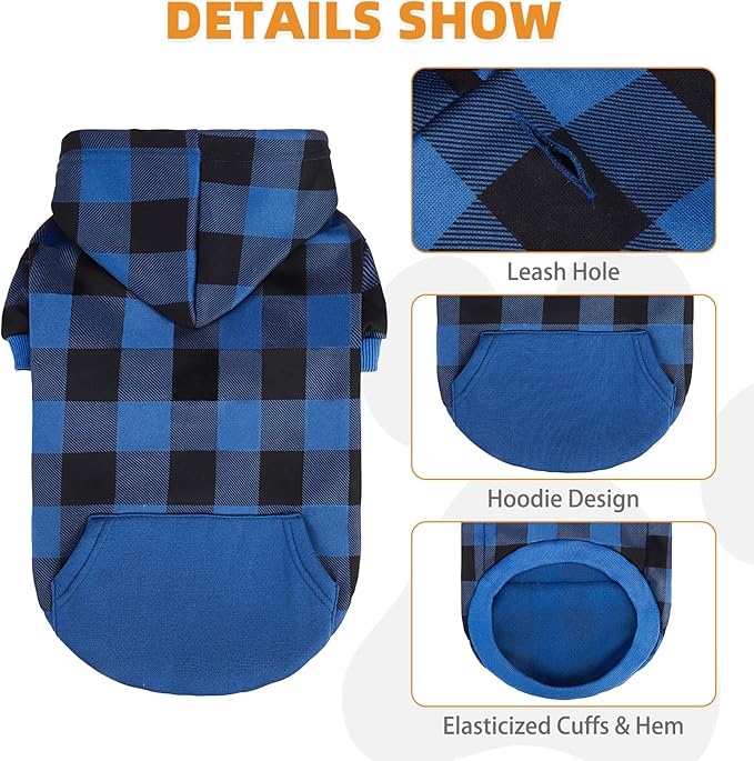 KOOLTAIL Plaid Dog Hoodie Pet Clothes Sweater with Hat and Pocket for Small Medium Large Size Dogs, Soft Winter Warm Dog Cold Weather Coat, Fleece Fall Dog Hooded Sweatshirt for Puppy Cats, Blue SM