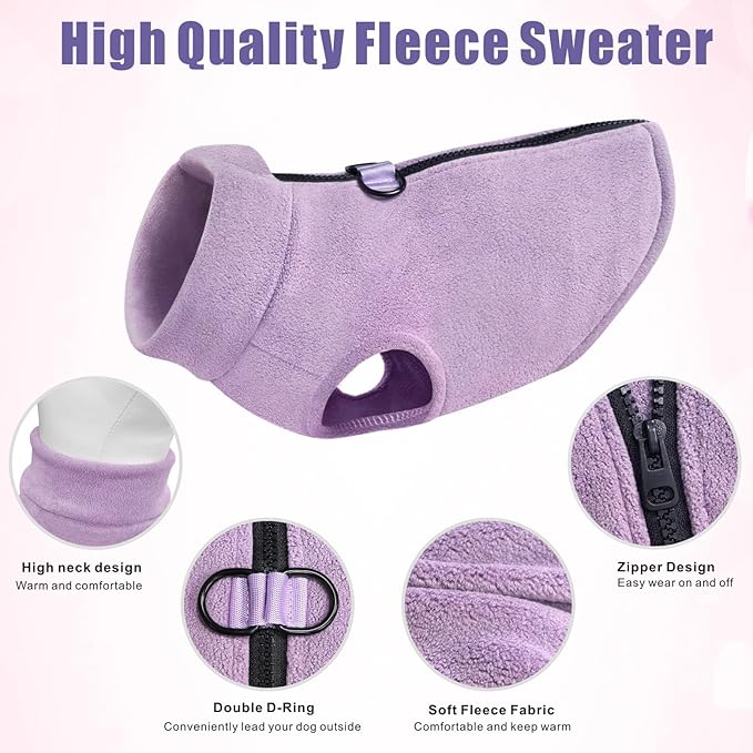 Idepet Dog Fleece Vest Sweater Zip Up Warm Pullover Dogs Jacket with D-Ring Leash Winter Cold Weater Coat Pet Sweatershirt Clothes Hoodie for Small Medium Dogs Boy Girl (Purple, M)