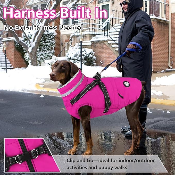 Dogcheer Dog Coat with Harness, Waterproof Dog Jacket Christmas Pet Winter Coat with Pockets, Reflective Doggy Turtleneck Fleece Jacket for Small Medium Large Dogs - Pink, S