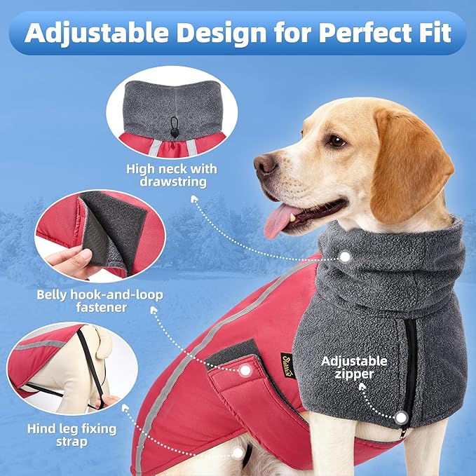 SlowTon Winter Dog Coat, Warm Polar Fleece Lining Doggie Outdoor Jacket with Turtleneck Scarf Reflective Stripe Adjustable Waterproof Windproof Puppy Vest Soft Pet Outfits (S,Red)