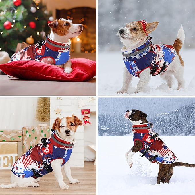 Dogcheer Dog Winter Coat, American Flag Dog Jacket with Harness, Adjustable Puppy Coat with Zipper, Waterproof Pet Fleece Jacket Snowsuit for Small Medium Large Dogs - US Flag L