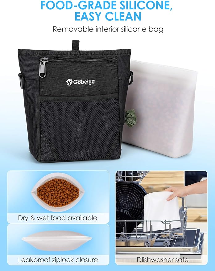 Gobeigo Dog Treat Pouch with Silicone Liner, 【4 Cup】【3 Ways to Wear 】 Treat Bag with Training Clicker, Front Pocket fits All Phones, Upgrade Stronger Magnetic Closure Walking Fanny Pack (Black)