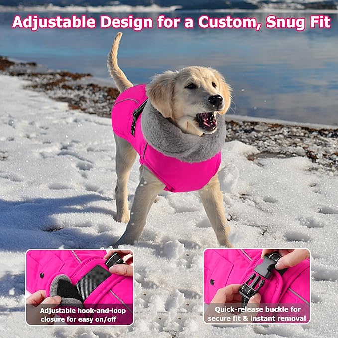 Dogcheer Dog Coat with Pocket, Waterproof Dog Jacket with Adjustable Buckle, Reflective Puppy Winter Coat Warm Turtleneck Fleece SnowJacket for Small Medium Large Dogs - Pink 3XL