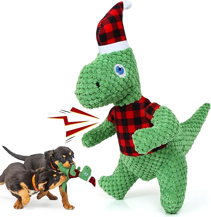 Christmas Dog Toys, Plush Stuffed Green Dinosaur Animals Toy, Squeaky Dog for Small, Medium, and Large Dogs, Interactive Dog Toys for Tug-of-War