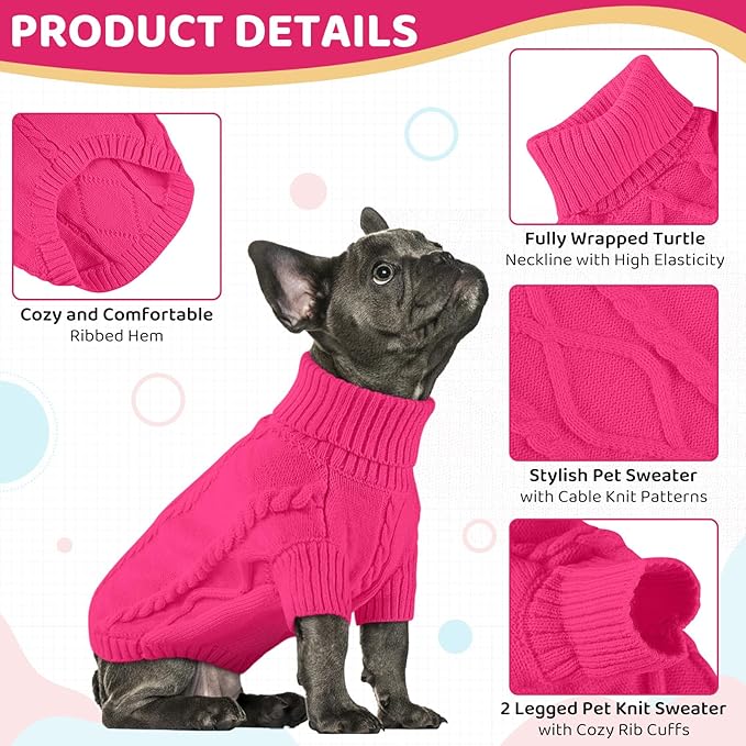 Queenmore Small Dog Pullover Sweater, Cold Weather Cable Knitwear, Classic Turtleneck Thick Warm Clothes for Chihuahua, Bulldog, Dachshund, Pug (Fuchsia, Large)