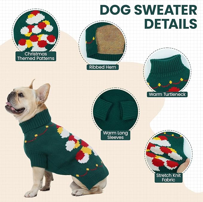 BRKURLEG Dog Sweaters, Christmas Dog Sweaters Medium Large Doggies Turtleneck Warm Pet Sweater for Cold Weather, Xmas, New Year, Pet Winter Pullover Sweater for Beagle, Pitbull (Green, XL)