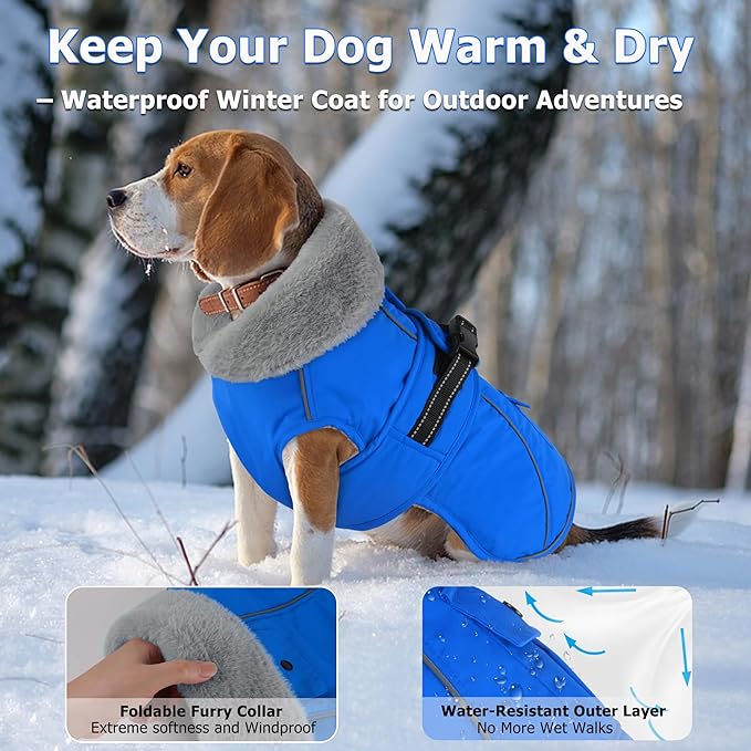 Dogcheer Dog Coat with Pocket, Waterproof Dog Jacket with Adjustable Buckle, Reflective Puppy Winter Coat Warm Turtleneck Fleece SnowJacket for Small Medium Large Dogs - Blue XL