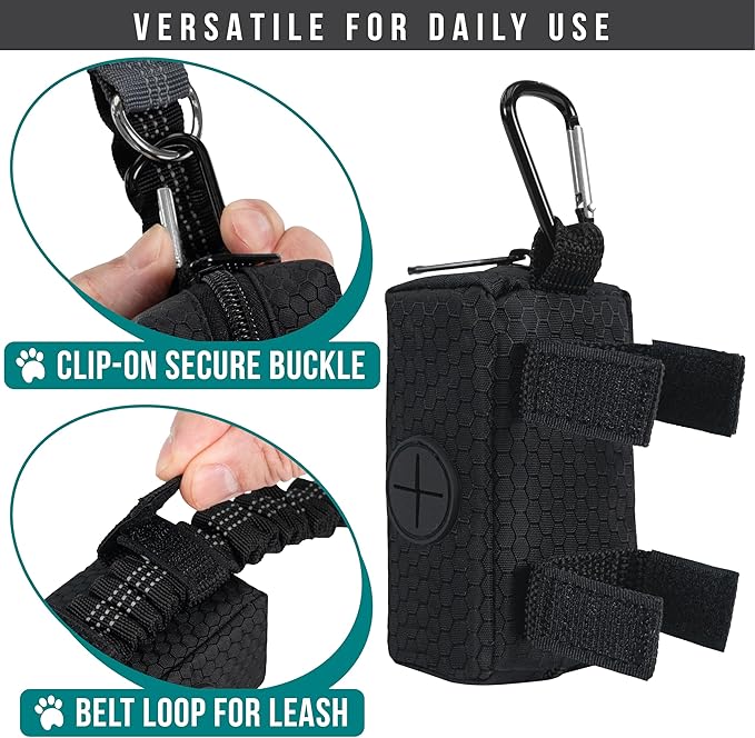 PetAmi Dog Poop Bag Holder for Leash Doggie Waste Bag Dispenser with Clip & Velcro Belt for Puppy Potty Walking Accessories Travel Camping Pet Supplies Zipper Pouch with Trash Bag Roll, Black 1 Pack