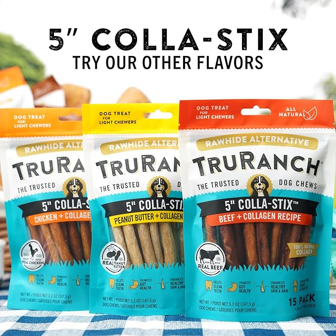 TRURANCH Collagen Sticks - 5" Collagen Sticks for Dogs - Long Lasting Healthy Joint Support Dog Treat - Rawhide Alternative - Skin & Coat Health - Made with Real Beef, 1 Bag, 15 Count