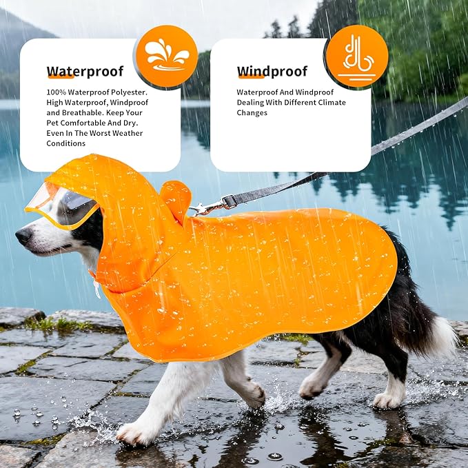 Dog Raincoat, Waterproof Windproof Dog Rain Jacket with Hood, Rain Coat with Leash Hole, Adjustable Raincoat Poncho for Small Medium Large Dogs Outdoor (Yellow, X-Large)