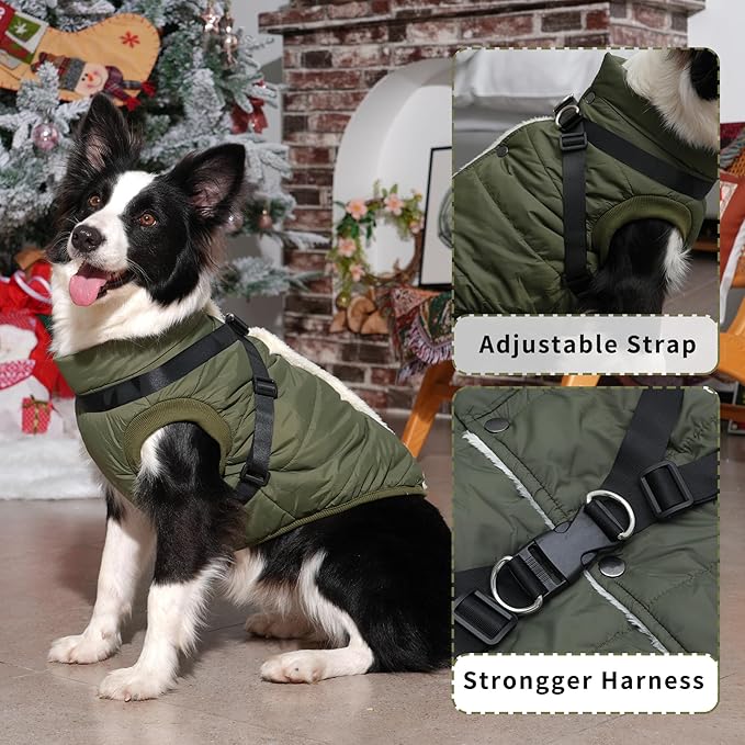 Dog Jacket with Harness,Fleece Lined Warm Puppy Coat for Winter,Soft Windproof Small Dog Vest,Green S