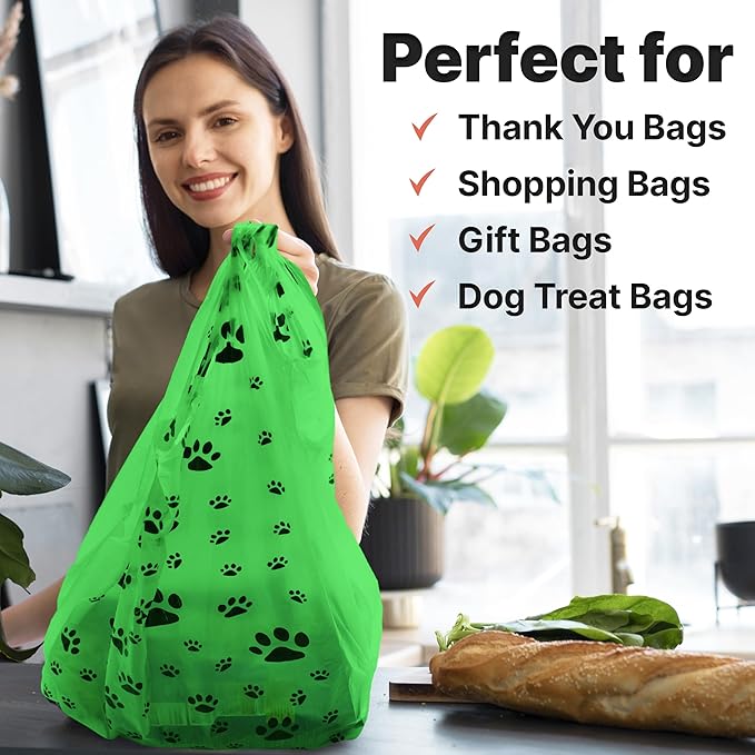 T-Shirt Bags – Paw Print Design Green Color - 100 Pack - Thank You & Shopping Bags - Cat or Dog - 22" L x 12" W x 7" Plastic