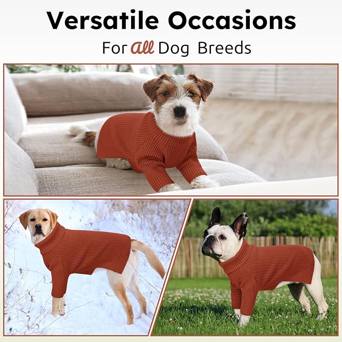 Queenmore Large Dog Sweater, Plaid Dog Sweaters for Large Dogs, Turtleneck Pet KintSweater with Check Pattern, Long Sleeve Holiday Pet Knitwear, Solid, Saddle Brown L