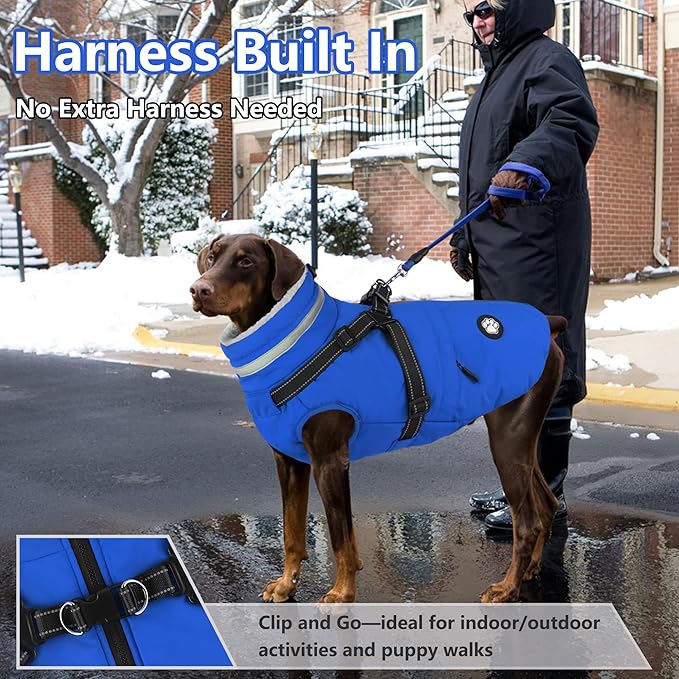Dogcheer Dog Coat, Waterproof Dog Winter Jacket with Harness, Reflective Adjustable Doggy Cold Weather Coats, Christmas Pet Fleece Snowsuit for Small Medium Large Dogs - Blue, XL