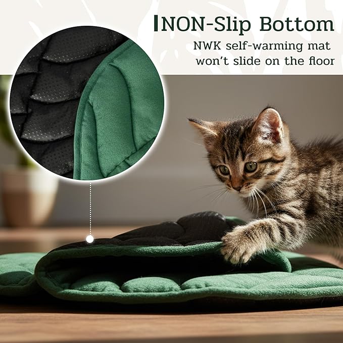 NWK Green Leaf Shaped Self Warming Cat Bed Mat, Thermal Dog Mat Cat Pad, Washable, Non-Slip Bottom for Sofa & Crate & Kennel & Car Seat (Green Leaf, Large (30'' X 19''))