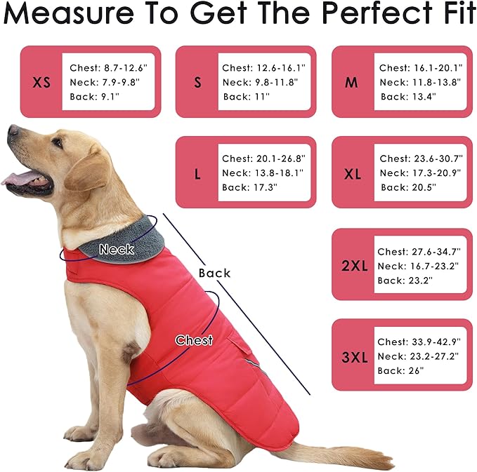 Dog Coat, Waterproof Dog Winter Jacket with Pocket, Reflective Adjustable Pet Snow Vest, Warm Cozy Fleece Sweater for Small Medium Extra Large Dogs - Red, XS