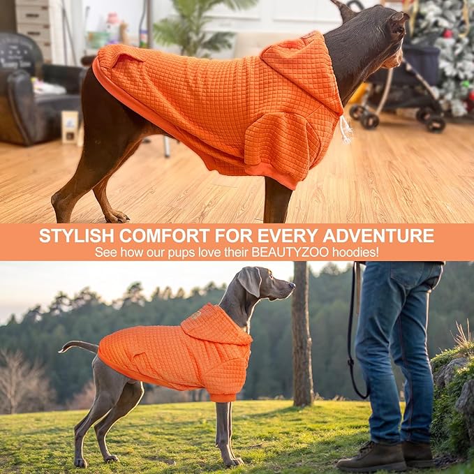 BEAUTYZOO Small Dog Hoodie Sweater with Pockets, Dog Clothes for Small Medium Dogs Boy Girl, Waffle-Like Laminated Cotton Pet Coats with Hat and Leash Hole, Orange ML
