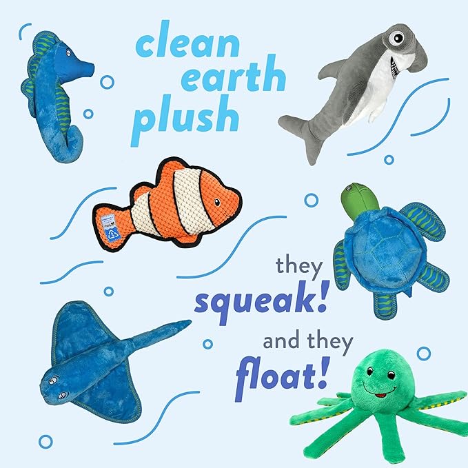 Spunky pup Clean Earth Plush Dog Toy with Squeaker - Recycled, Eco-Friendly, Floats for Beach, Lake, Pool - Clownfish