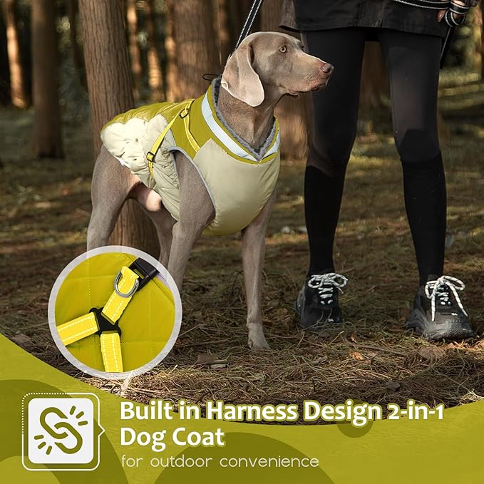 Dog Winter Coat with Harness, Dog Jacket, Pet Clothes with Zipper on Back, Waterproof Windproof Warm Vest, Reflective Cold Weather Coats, for Small Medium Large Dogs, Thick, Green, XS