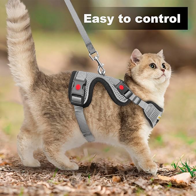 Cat Harness and Leash for Walking, Retractable Cat Harnesses and Leash Set Escape Proof, Breathable Soft Kitten Small Large Harness for Travel Training and Walking, Grey, S
