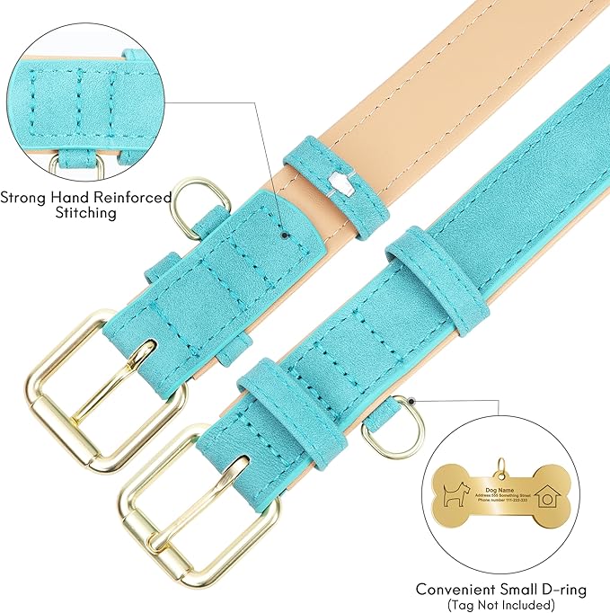 Leather Dog Collar for Small Medium Large Dogs, Soft Padded Dog Leather Collar with Heavy Duty Gold Buckle, Durable & Comfortable for Large Dogs Daily Walking (Teal, L)