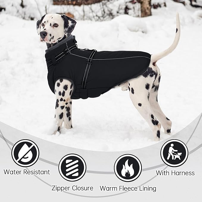 PUMYPOREITY Dog Jackets for Large Dogs, Warm Dog Winter Coat with Harness Built in, Fleece Jacket with Back Zipper, Cold Weather Coats for Outdoor, Waterproof & Windproof Pet Snowsuit, Black, XL