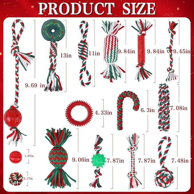 EXPAWLORER Christmas Dog Toys Bulk 15 Pack Set - Puppy Xmas Toys Gift Box for Teething, Durable Squeaky Rope Ball Toy, Indestructible Rubber Chew Toy, Interactive for All Dogs Aggressive Chewers