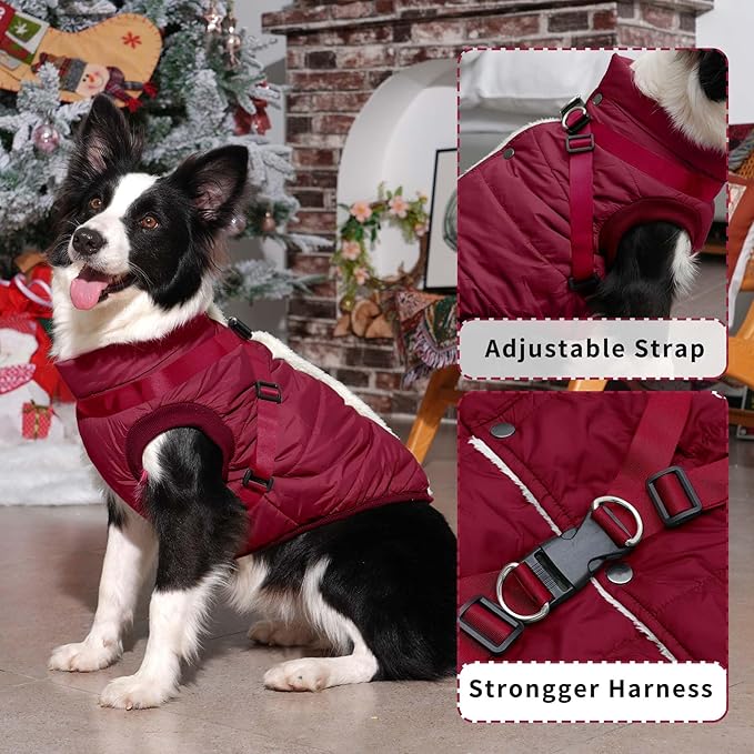 Dog Jacket with Harness,Fleece Lined Warm Puppy Coat for Winter,Soft Windproof Large Dog Vest,Red XXL