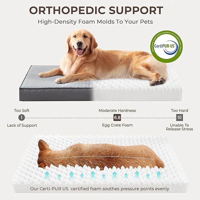 Orthopedic Dog Bed for Ctrate, Waterproof PillowTop Pet Bed for Medium Large Size Dogs, Egg-Crate Foam Dog Crate Mat with Removable Washable Cover, 2-Layers Kennel Pad 47"L x 39"W, Dark Grey