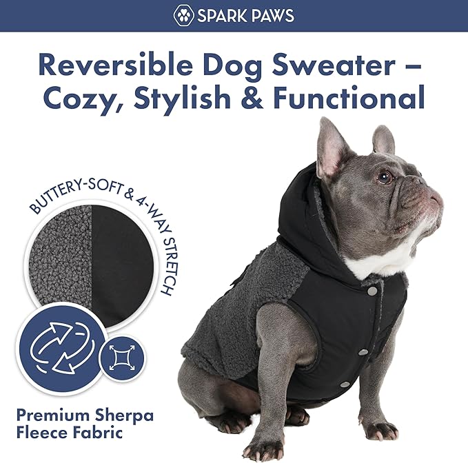 Spark Paws Reversible Dog Sweater, Sherpa Vest with Warm Fleece Lining, Warm Coat for Winter, Suitable for Small Medium, Large, XL XXL Dogs - Black and Grey - 4XL