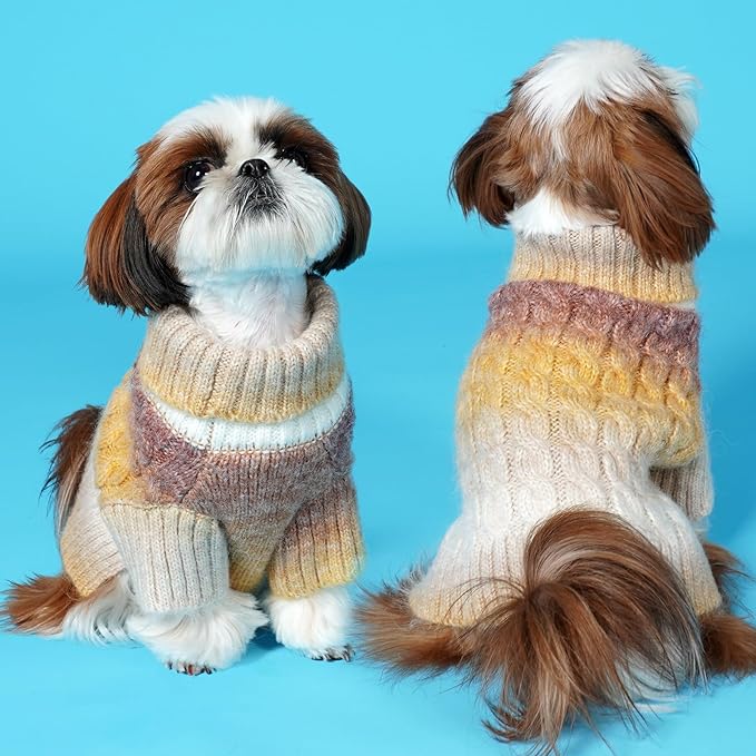 KYEESE Dog Sweater Thick Cable Knit Pet Sweater Gradient Color Small Dog Sweater Fuzzy Warm with Sleeves, Brown, X-Small