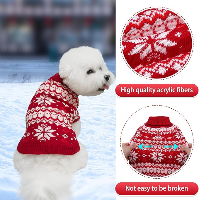 KOOLTAIL Cable Knit Small Dog Sweater Turtleneck, Cold Weather Pullover Classic Knitwear with Leash Hole, Snowflake Pattern Thick Warm Winter Pet Clothes, Medium Dog Christmas Sweater, Red S