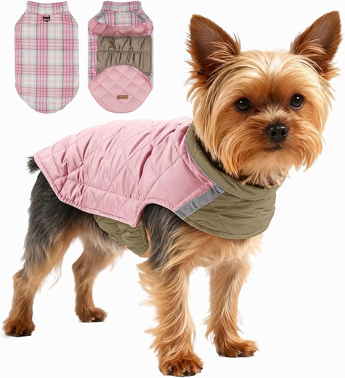Quilted Dog Winter Coat, Plaid Lined Reversible Vest, Reflective Safety Strip, Cold Weather Pet Apparel Pink S