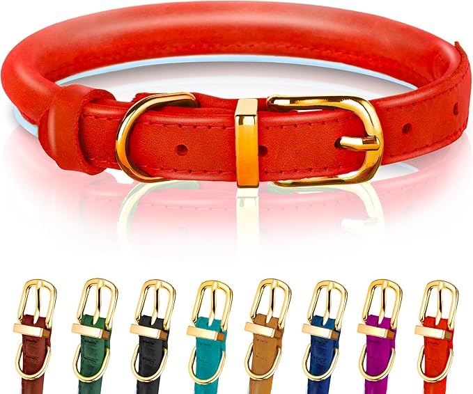 OOPSDOGGY Reflective Rolled Leather Dog Collar Adjustable Soft Padded Pet Collar for Small Medium Large Breed Dogs (Red, M, 12"-15")