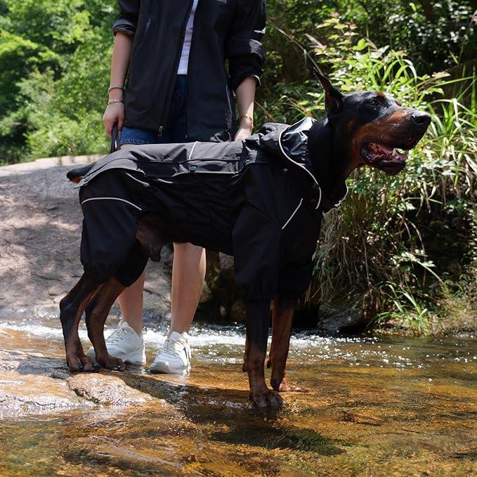 LOVELONGLONG Fleece-Lined Dog Raincoat with Removable Hood – Waterproof Winter Full Body Dog Jacket – Windproof Snowproof Cold-Weather Suit – Black-F XL