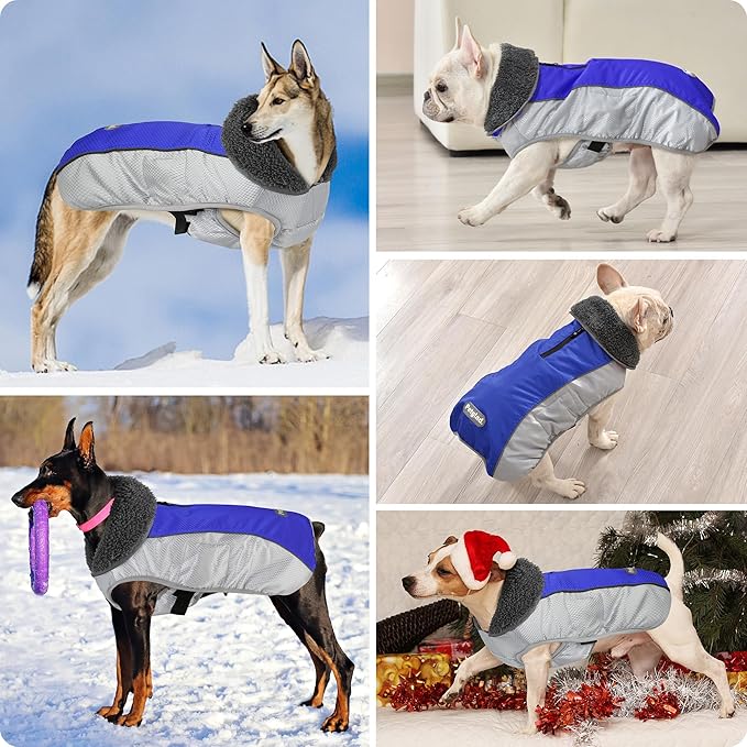 Dog Coat, Waterproof Ripstop Dog Winter Jacket with Leash Hole, Reflective Adjustable Warm Pet Fleece Snow Sweater for Small Medium Large Dogs - Blue, S
