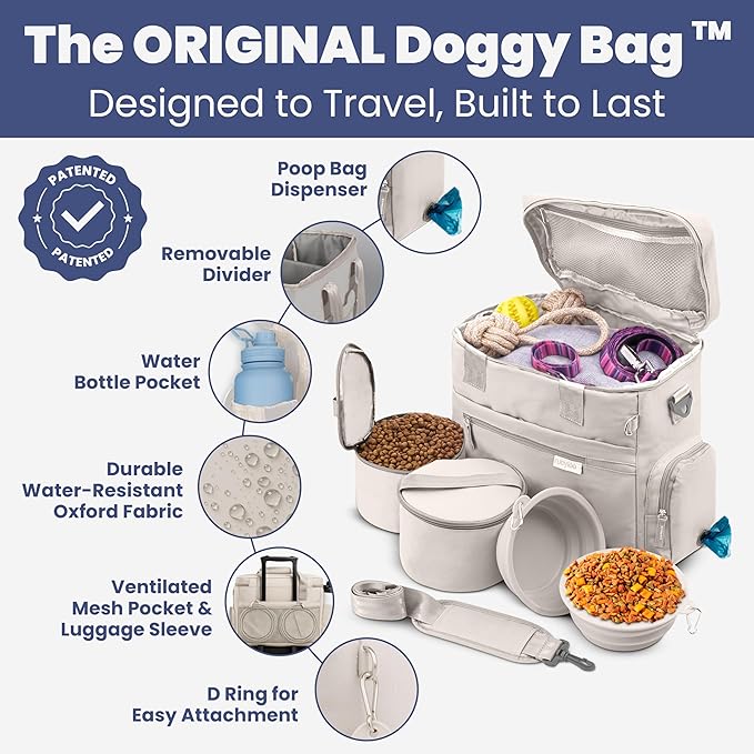 The Original Doggy Bag™ - Complete Dog Travel Bowl Bag for Supplies with 2 BPA-Free Travel Dog Bowls & 2 Food Containers - Traveling Kit for Road Trips, Camping, Weekend Away or Doggy Gift - Beige