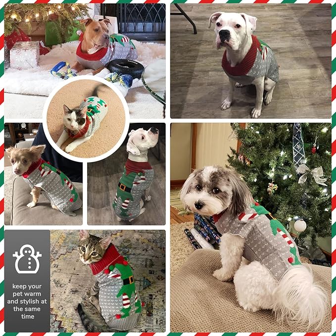 PETCARE Dog Christmas Sweater Ugly Elf Clown Cat Sweater Vest Pet Jumper Grey Green Holiday Dog Clothes Puppy Sweaters for Small Medium Large Dogs Cats Fall Winter Outfits Xmas Dogs Costume,X-Large