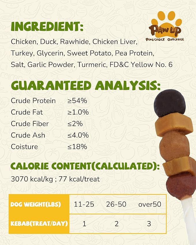PAWUP Dog Treats, Kabobs Chews Made with Sweet Potato, Turkey, Chicken & Duck, Rawhide Sticks for Dogs, Long-Lasting, High Protein Dog Treat for Small Medium Large Dogs, 12 Count