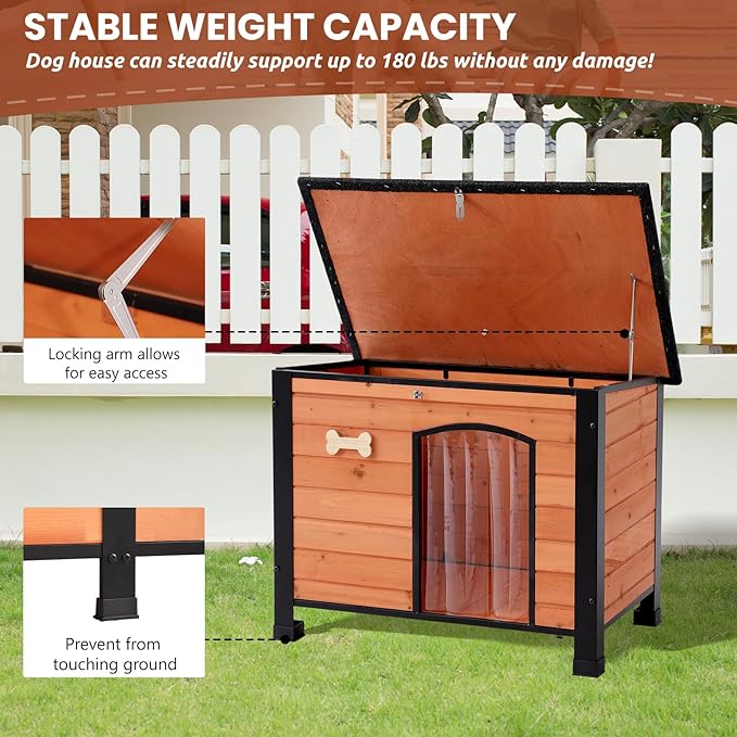 Outdoor Dog House, Small Wooden Dog House with Anti Bite Iron Frame Weatherproof Finish Outside Paw Print Dog Crate for Small and Medium Dogs,Orange