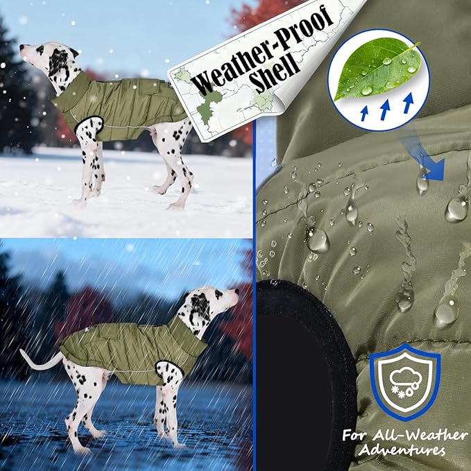 Dog Winter Jacket Waterproof, Reflective Fleece Lined Dog Coats for Small Medium Large Dogs, Warm Snow Coat for Dogs, Insulated Cold Weather Dogs Puffer Jackets with Leash Hole, Olive, 2XL