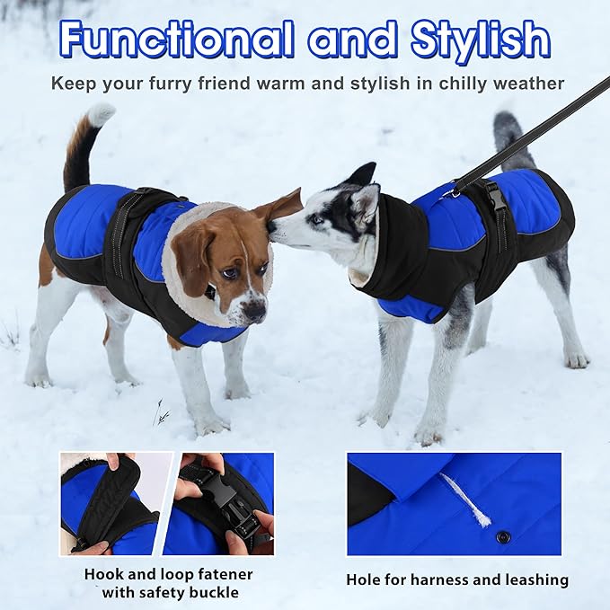 Dogcheer Waterproof Dog Coat, Christmas Dog Winter Jacket, Adjustable Puppy Fleece Coat for Cold Weather, Reflective Turtleneck Snow Jacket for Small Medium Large Dogs - Blue, 3XL