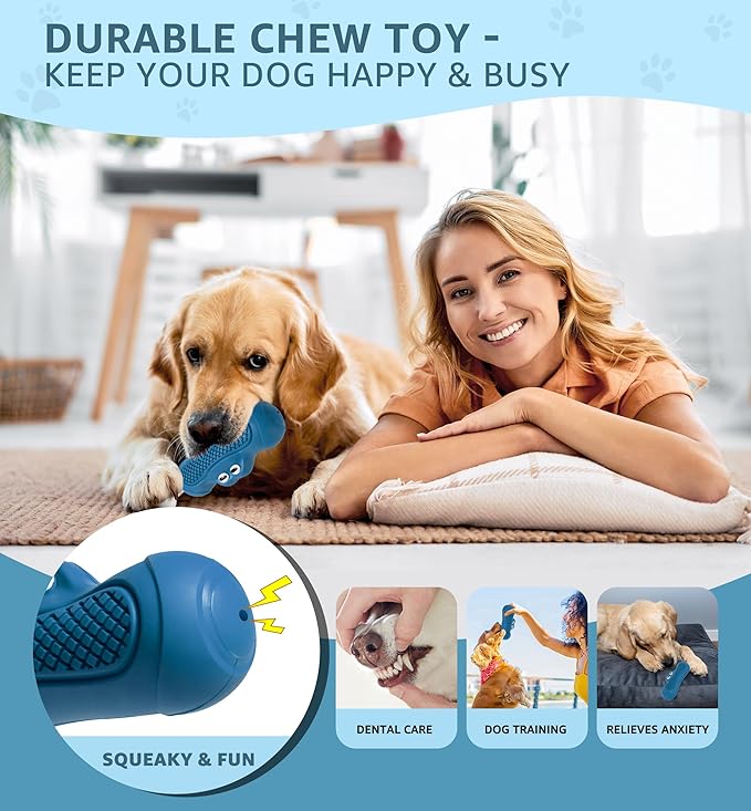 Durable Dog Chew Toy for Aggressive Chewers, Tough Natural Rubber Squeaky Dog Toy with Irresistible Beef Flavor, Dental Care, Teeth Cleaning & Boredom Relief for Medium & Large Dogs (Blue)
