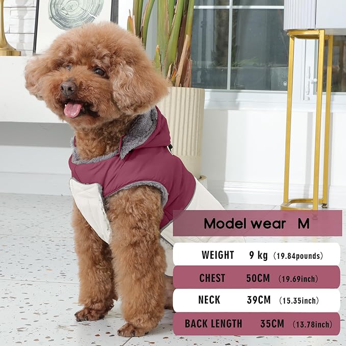 Detachable Hooded Dog Coat with Harness for Small Dogs,Super Warm Fleece Puppy Jacket for Cold Winter Doggie Coats,Red M