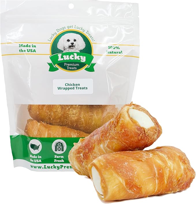 Lucky Premium Treats Chicken Wrapped Dog Treats – USA Made Raw Hide Sticks for Extra Large Size Dogs – Long Lasting, Preservative Free Dog Treats – 4 Chews